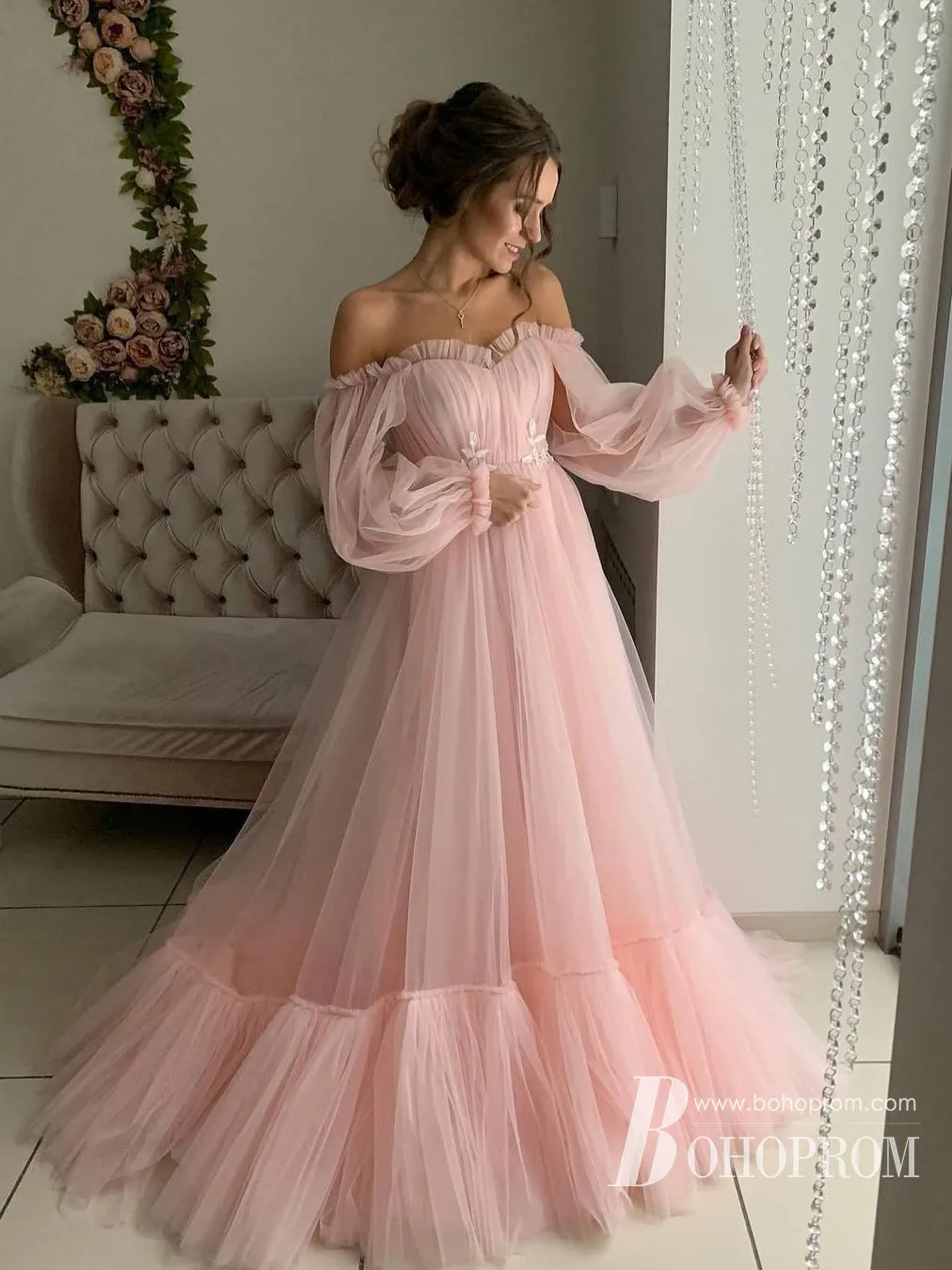 Amazing Off-the-shoulder Long Sleeves Beaded Appliqued Slit Tulle Prom Dresses PD594