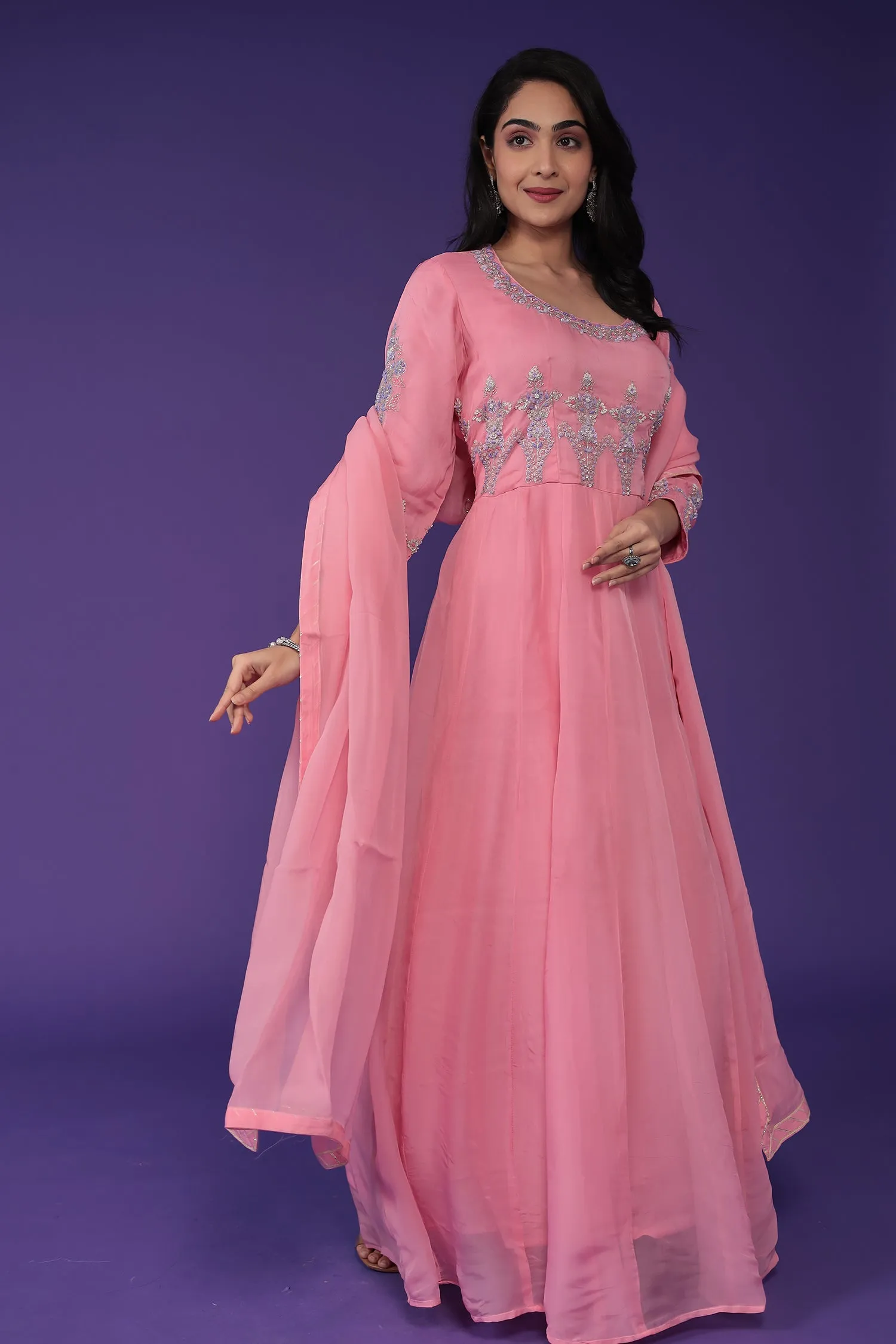 Anarkali Organza Suit Embroidered with Aari and Cutdana work