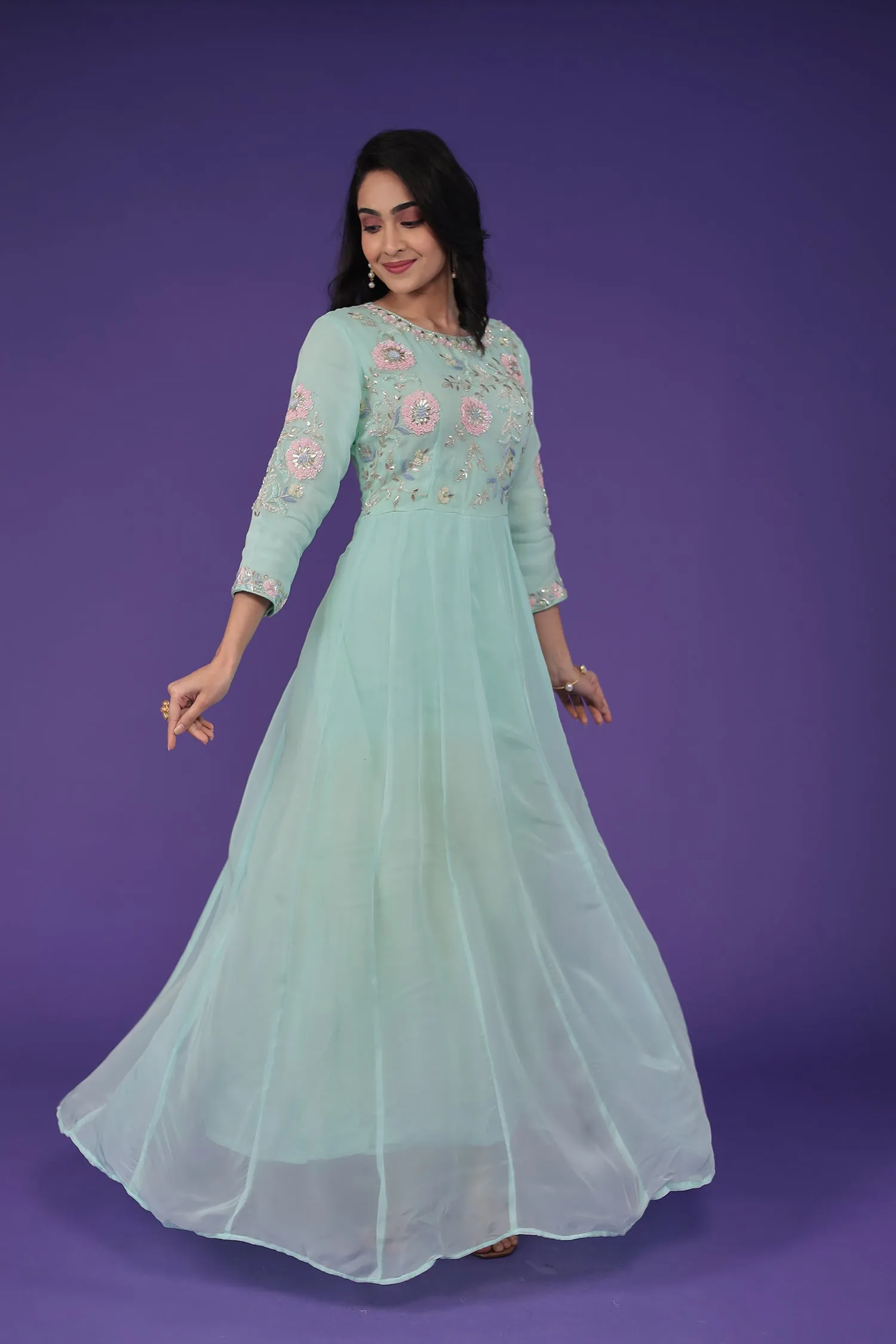 Anarkali Organza Suit Embroidered with Aari and Cutdana work