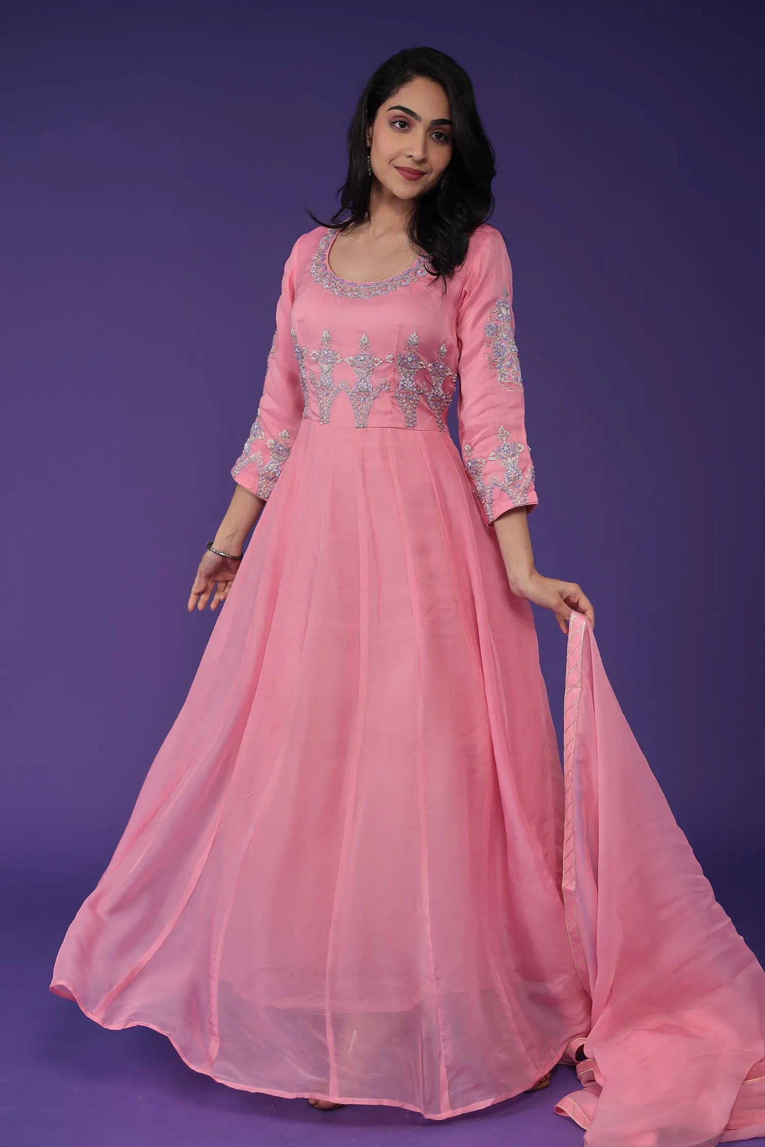 Anarkali Organza Suit Embroidered with Aari and Cutdana work