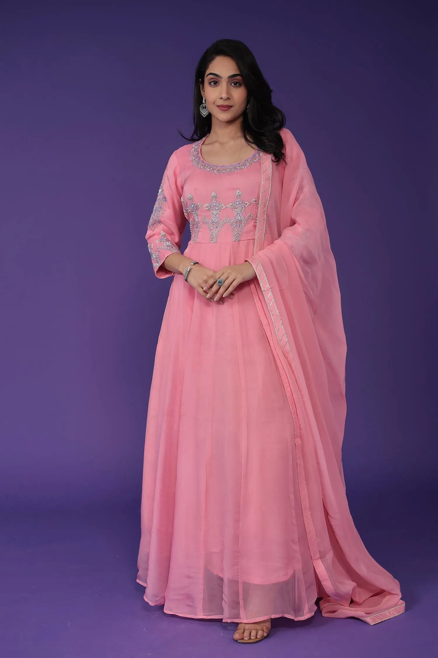 Anarkali Organza Suit Embroidered with Aari and Cutdana work