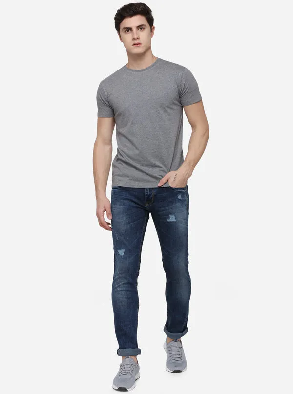 Antra Melange Solid Slim Fit T-Shirt | JadeBlue