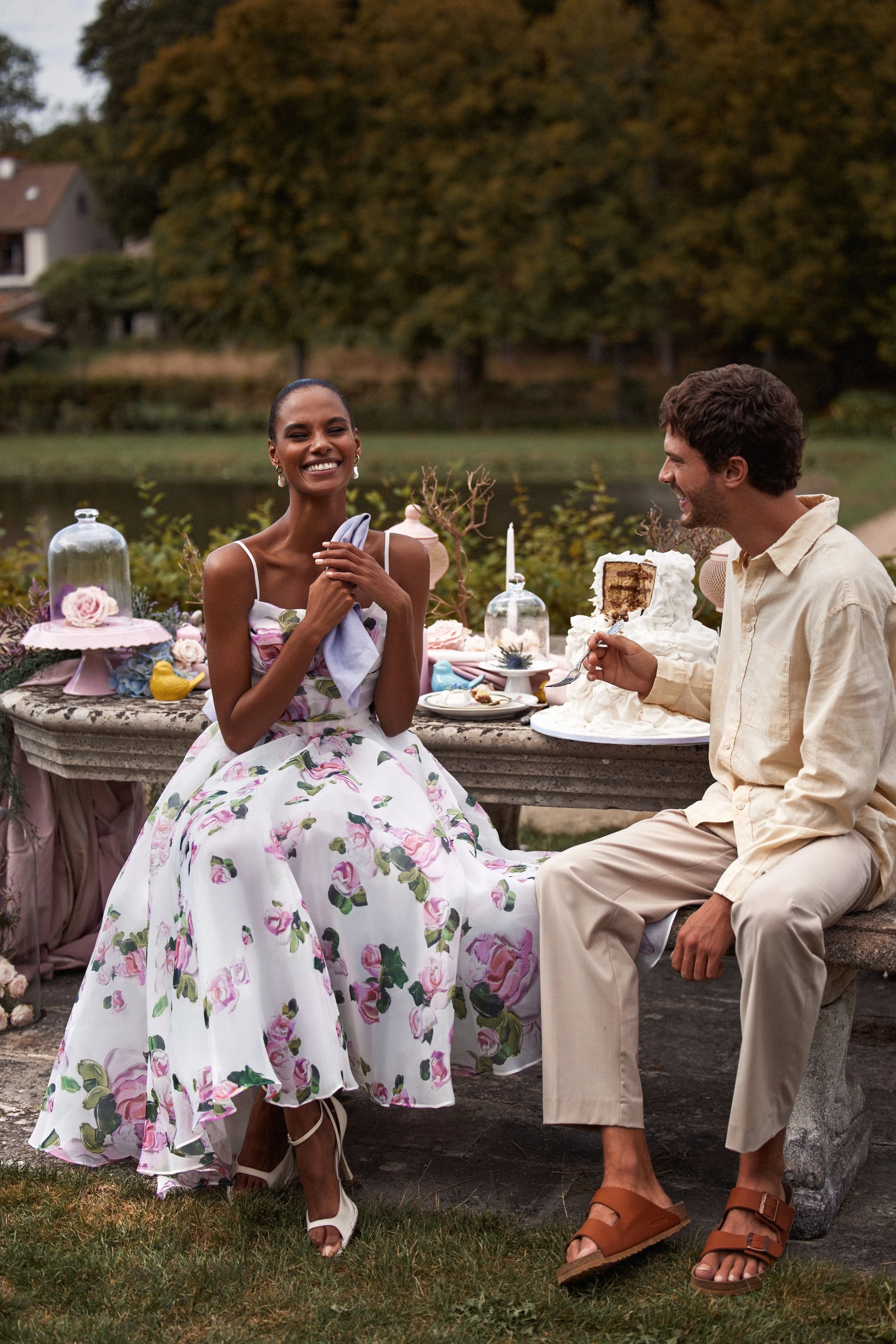 Apple Blossom spaghetti strap midi dress