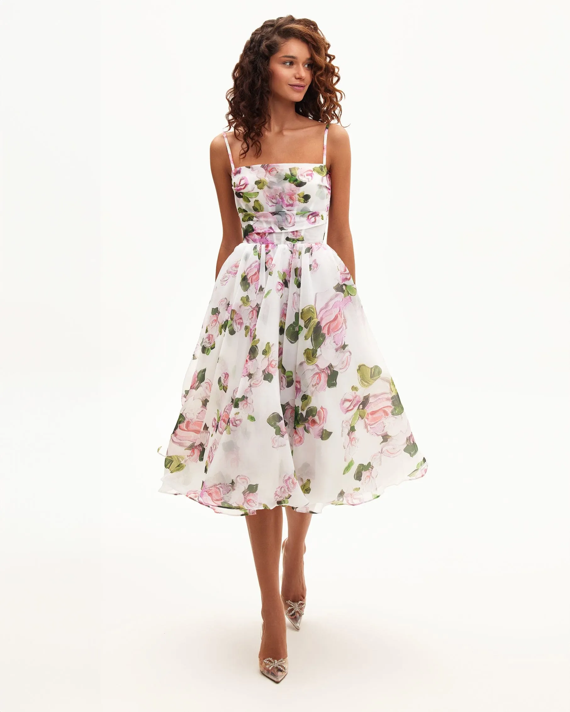 Apple Blossom spaghetti strap midi dress