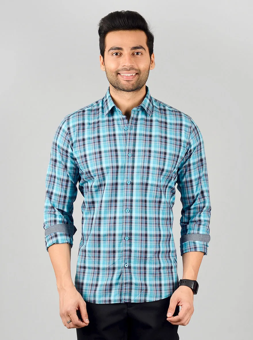 Aqua Blue Checked Slim Fit Casual Shirt | JadeBlue