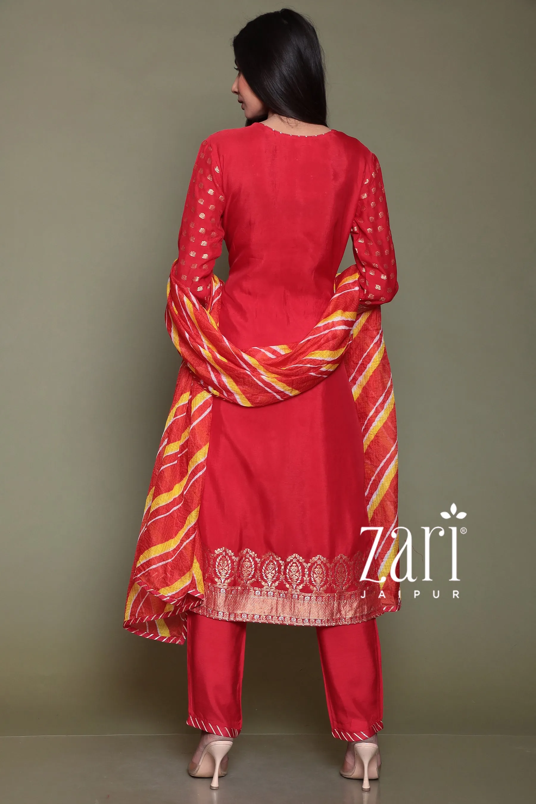 Banarsi Silk Suit with Aari, Gota Patti, Pearl, Zardozi work.