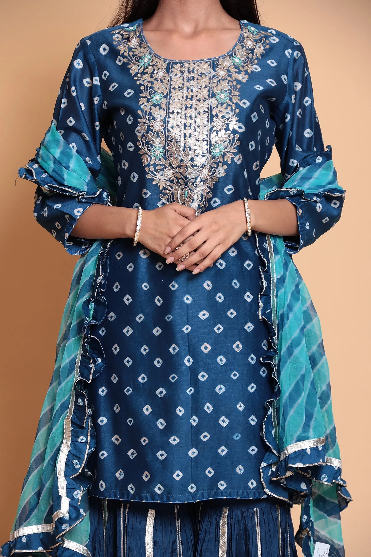 Bandhej Chanderi Suit Stitched with Gota Patti work.