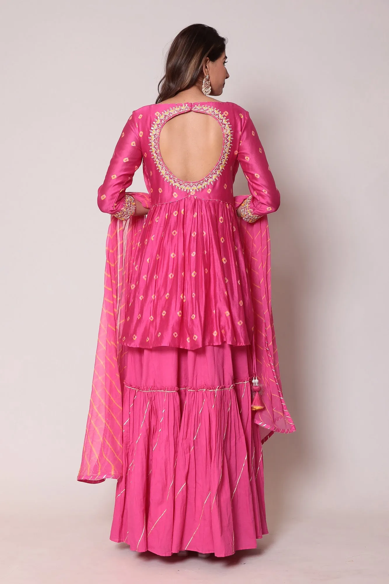 Bandhej Peplum Style Chanderi Suit with Gota Patti and Thread work.