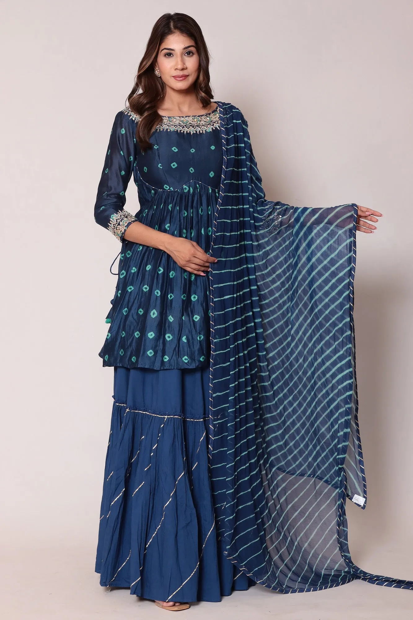 Bandhej Peplum Style Chanderi Suit with Gota Patti and Thread work.