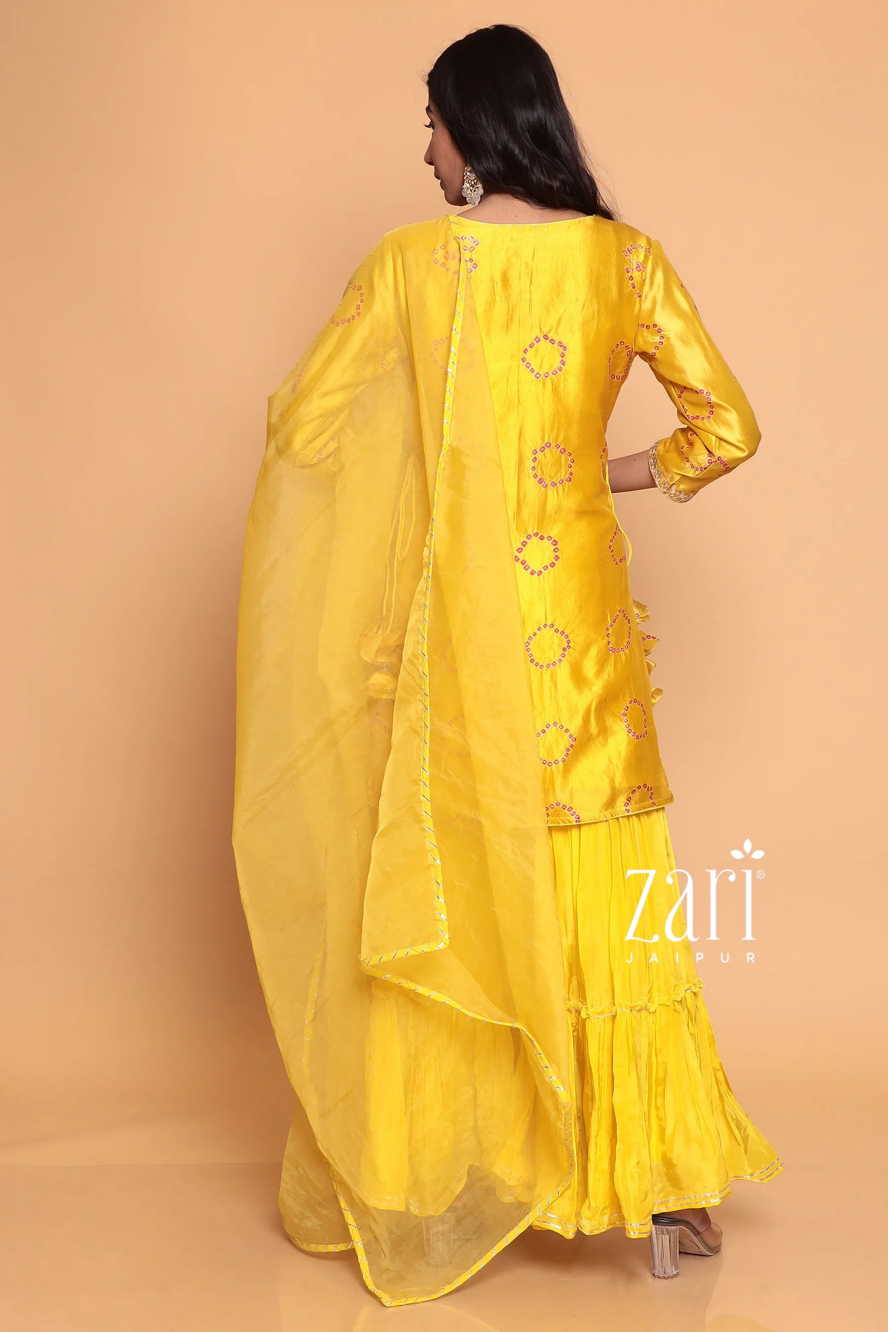 Bandhej Silk Suit with Dori, Gota Patti, Pearl, Sequins, Zardozi work.