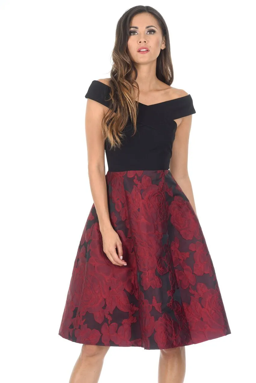 Black And Red Contrast 2 In 1 Floral Dress