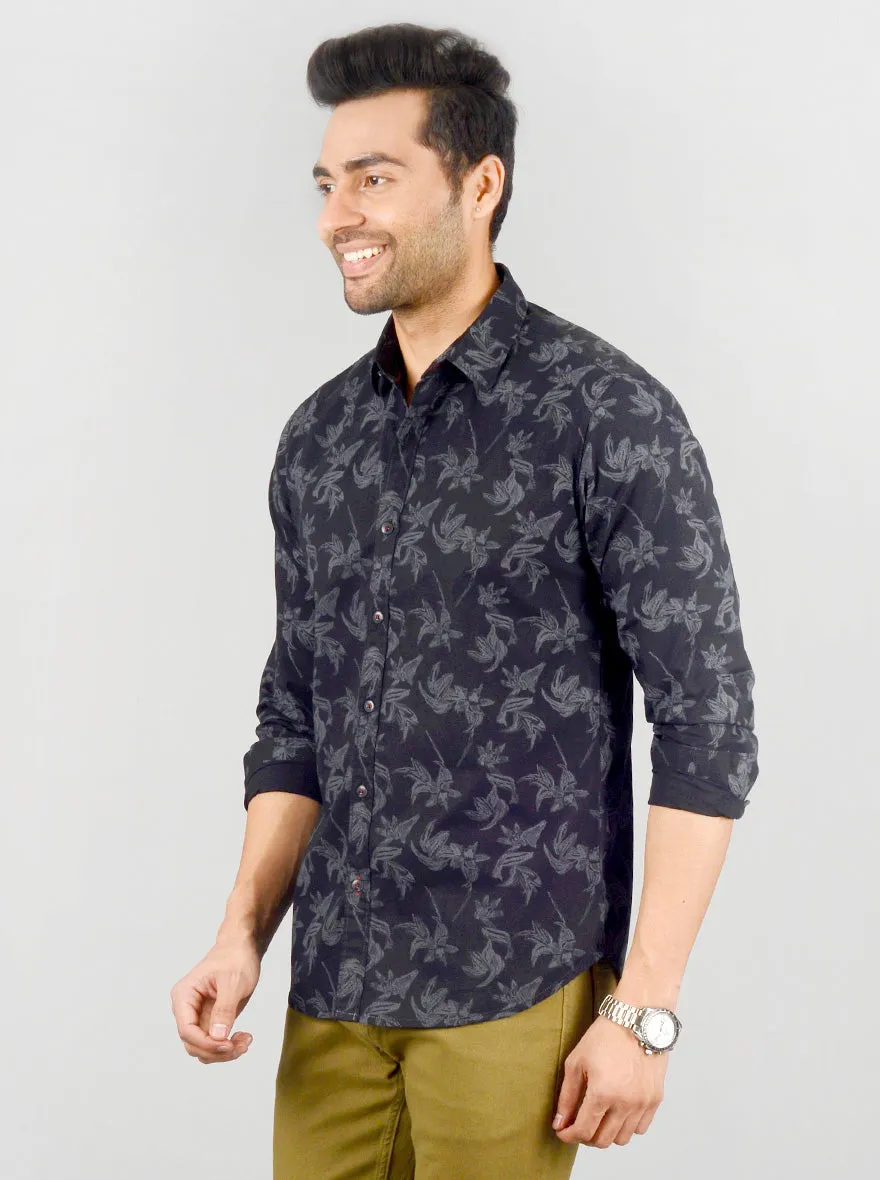 Black Printed Slim Fit Casual Shirt | Greenfibre