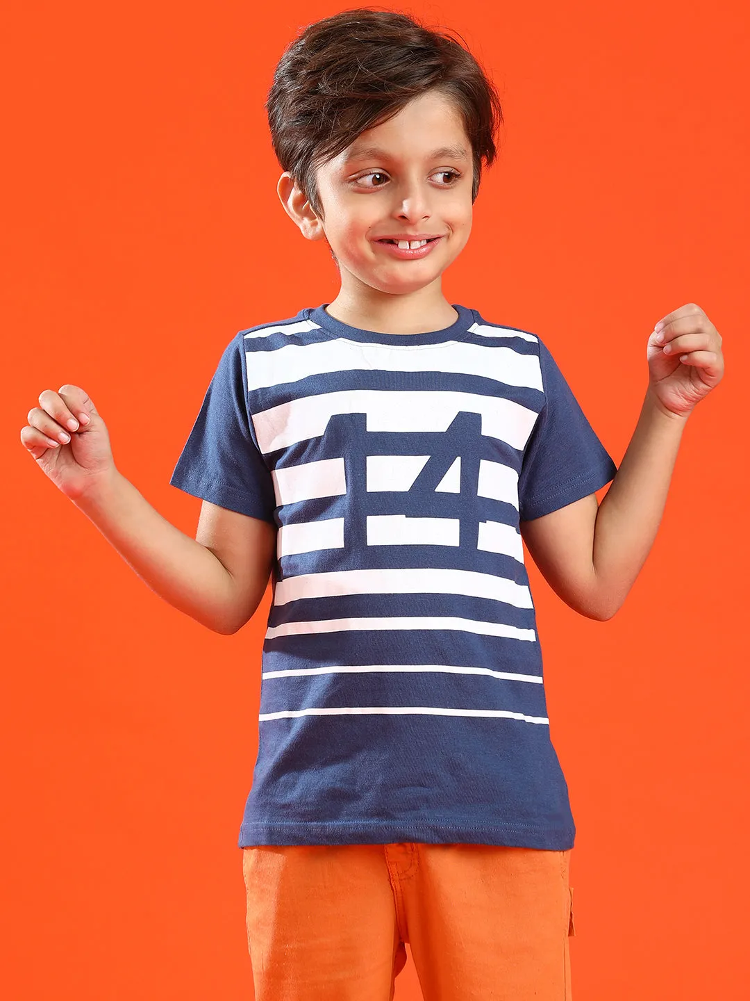 Boys Navy Blue 100% Cotton Printed T-shirt