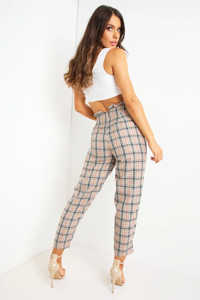 Brown Tartan Print Tailored Trousers