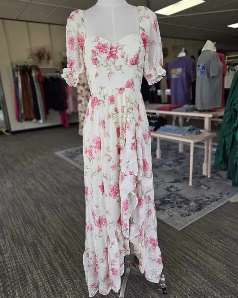 Cream Pink Floral Ruffled High-Low Maxi Dress