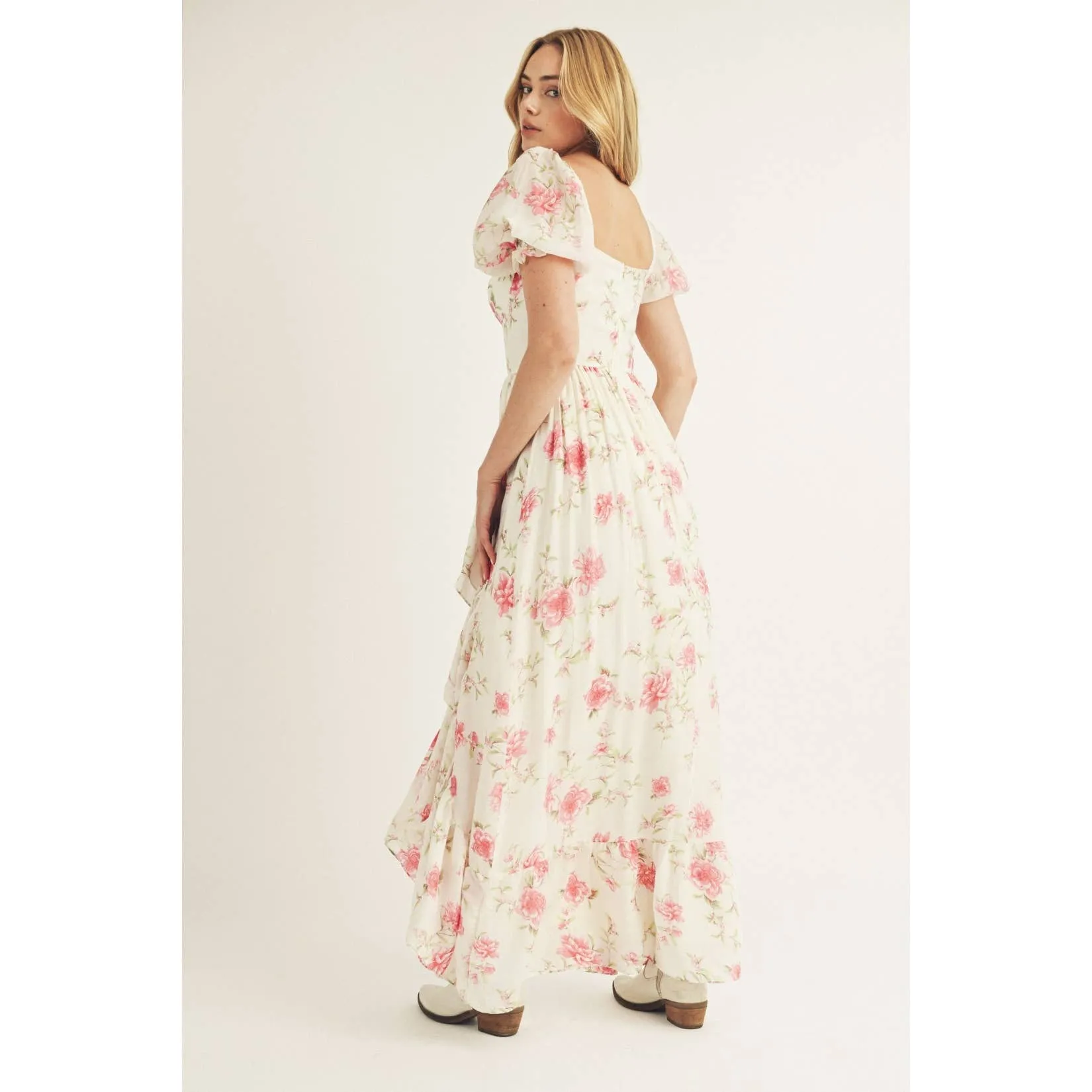 Cream Pink Floral Ruffled High-Low Maxi Dress