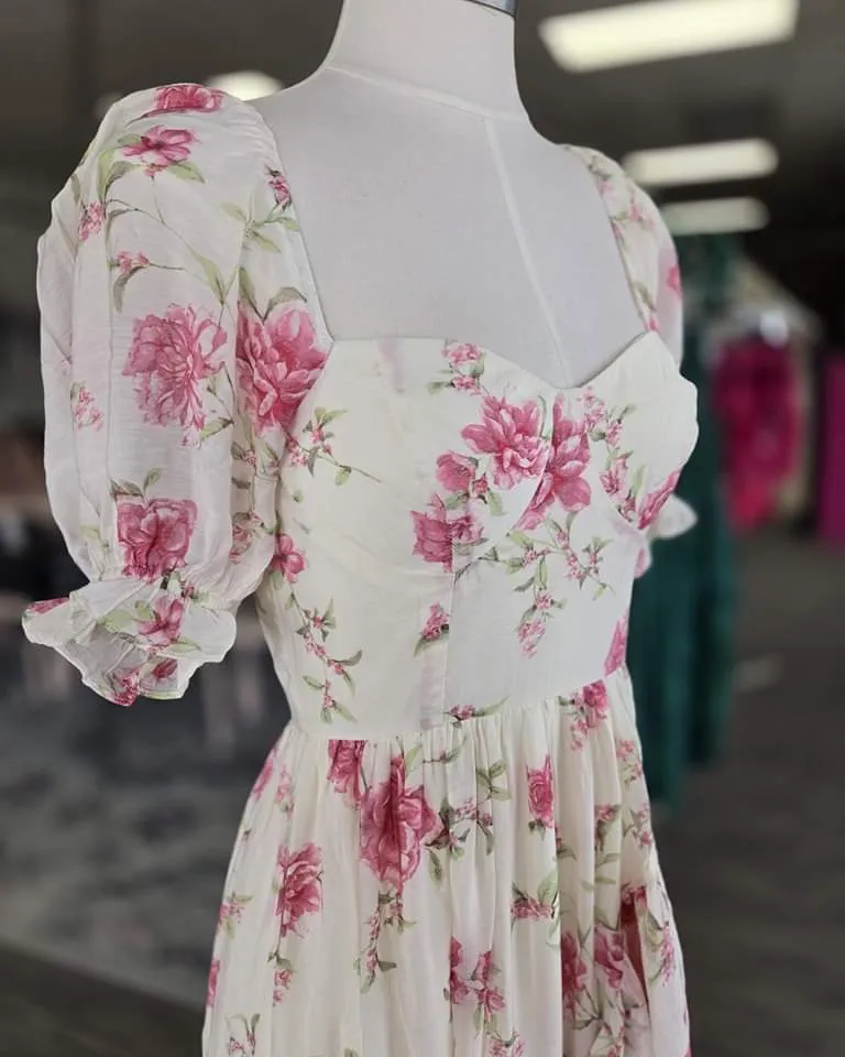 Cream Pink Floral Ruffled High-Low Maxi Dress