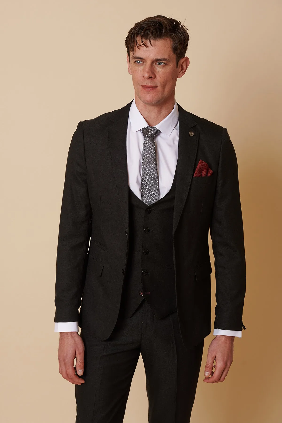 DANNY - Black Three Piece Suit With Single Breasted Waistcoat