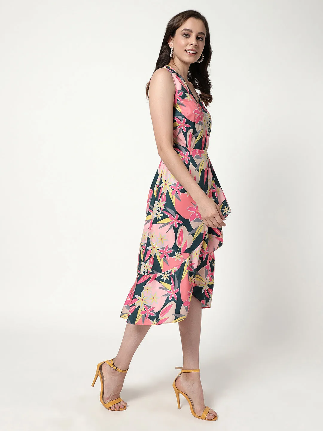 Digital Printed Floral Dress With V-Neckline