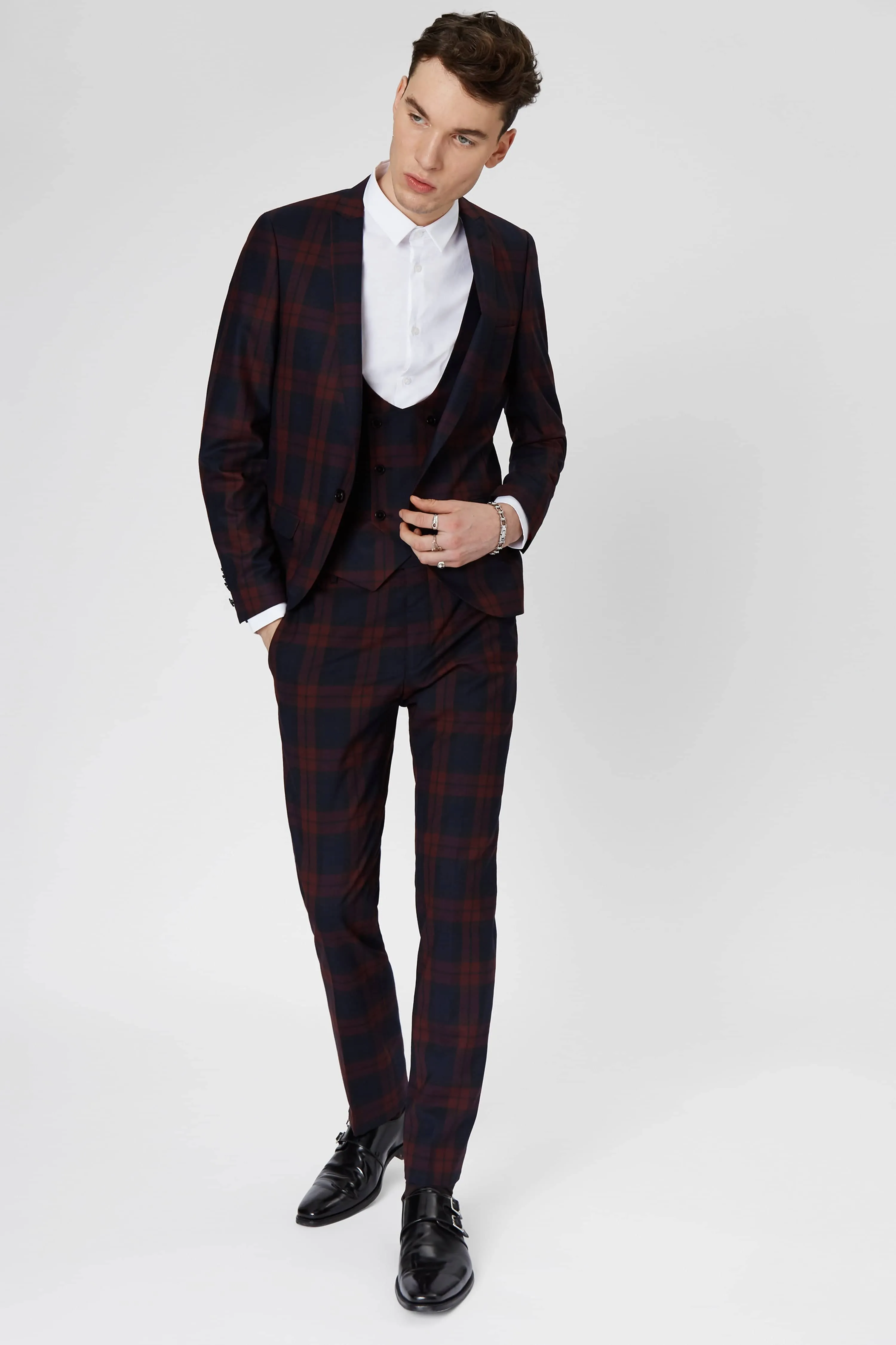 Ginger Skinny Fit Burgundy Tartan Jacket