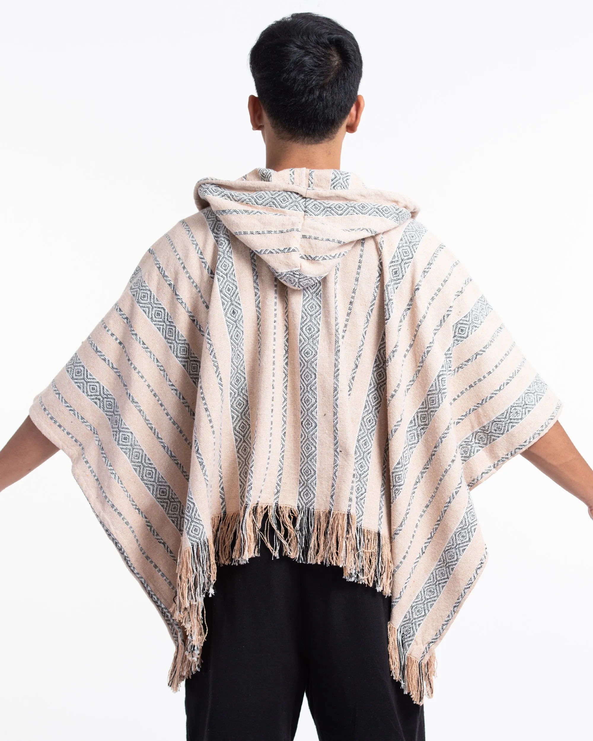 Hill Tribe Cotton Hooded Poncho Jacket in Beige Gray