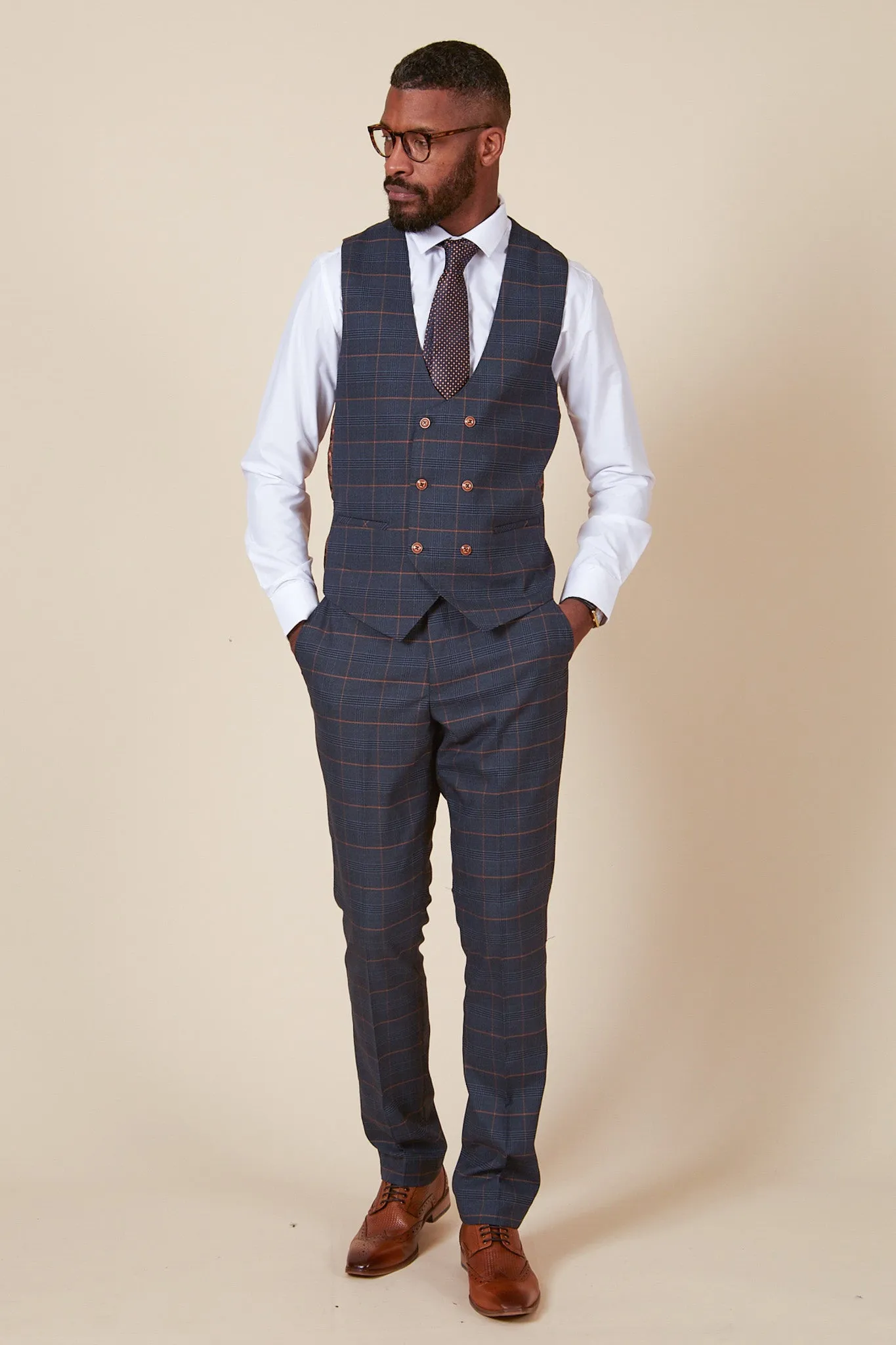 JENSON - Marine Navy Check Suit With Double Breasted Waistcoat