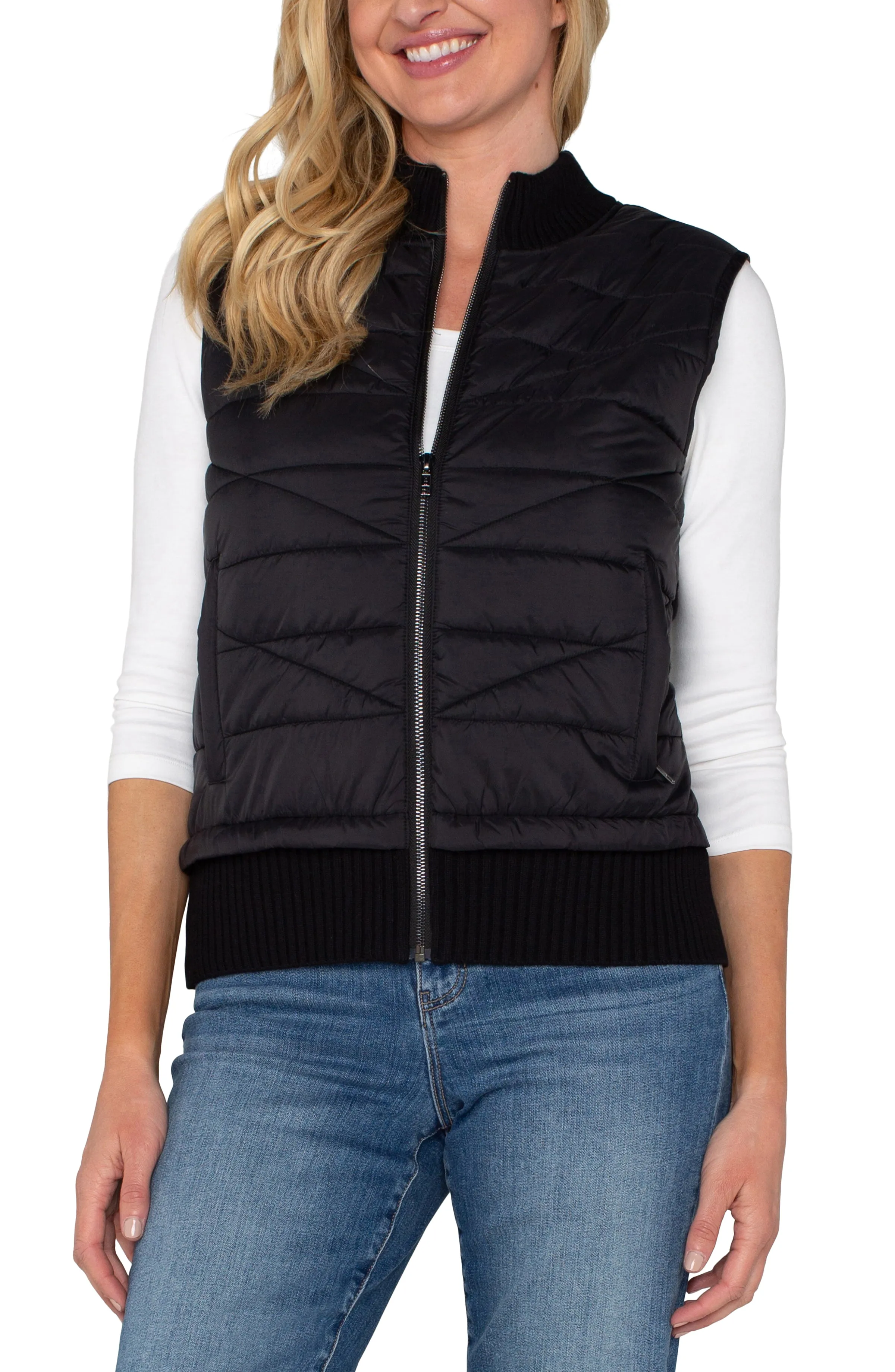 PETITE SLEEVELESS QUILTED FULL ZIP SWEATER VEST