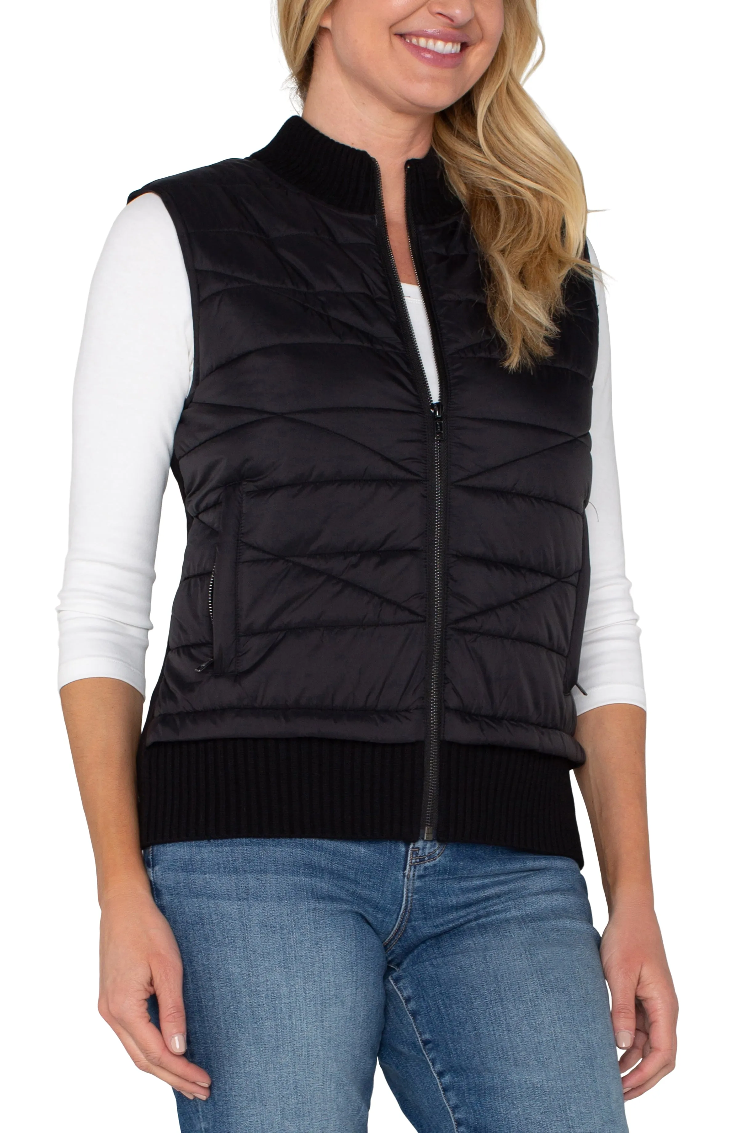 PETITE SLEEVELESS QUILTED FULL ZIP SWEATER VEST