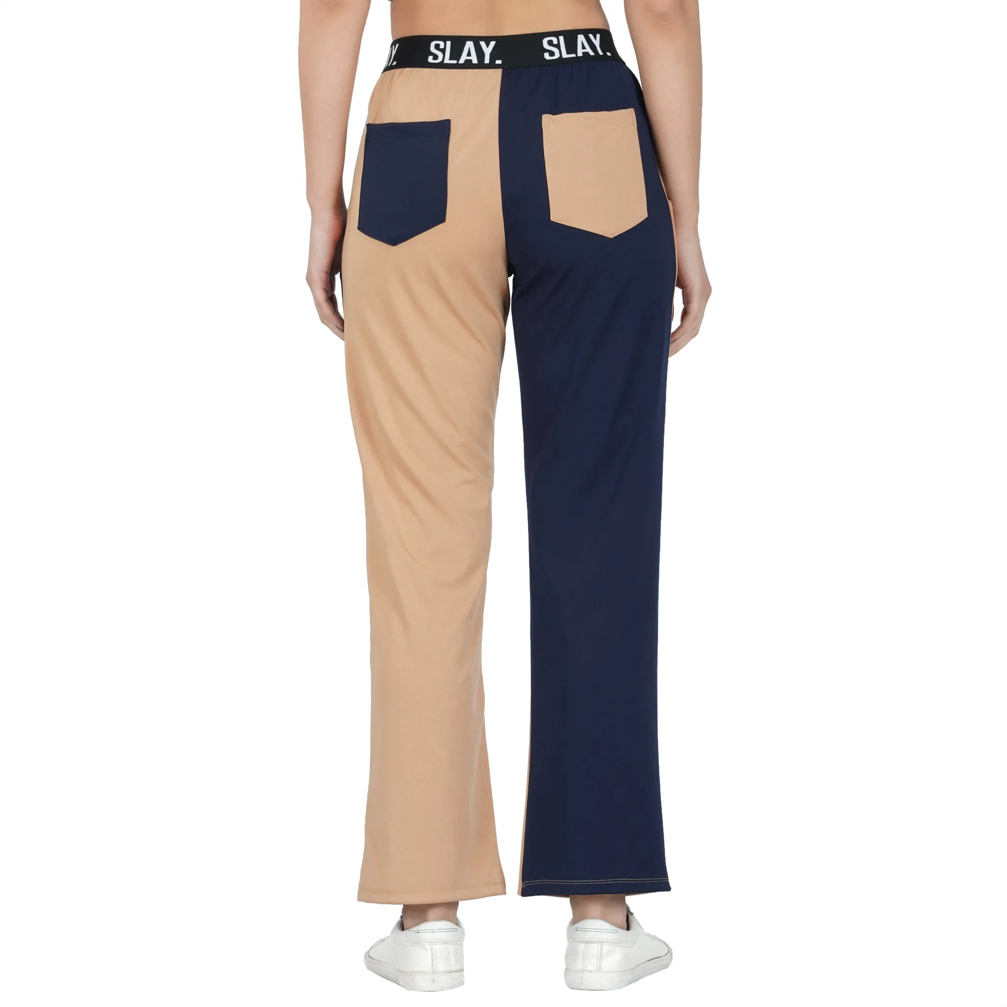 SLAY. Sport Women's Beige & Blue Colorblock Bikini Crop Top & Pants Co-ord Set