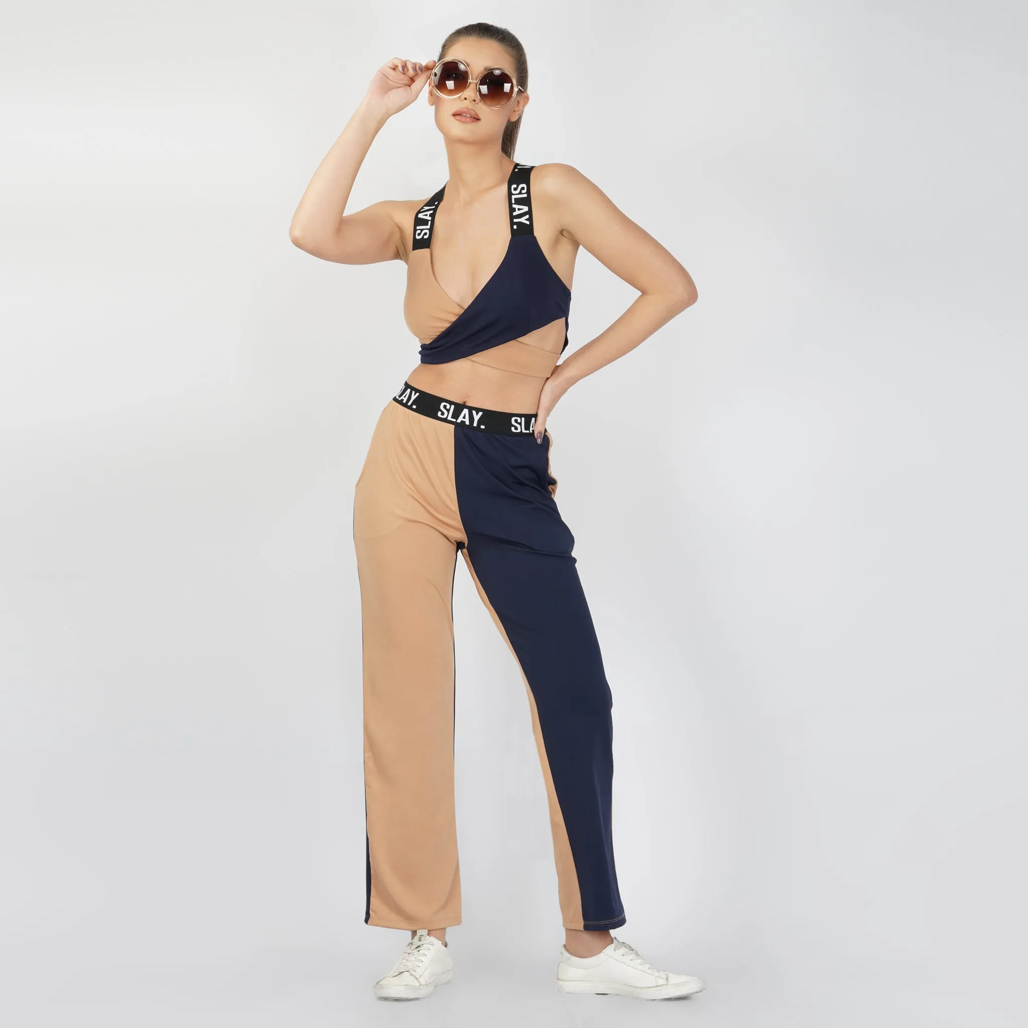 SLAY. Sport Women's Beige & Blue Colorblock Bikini Crop Top & Pants Co-ord Set