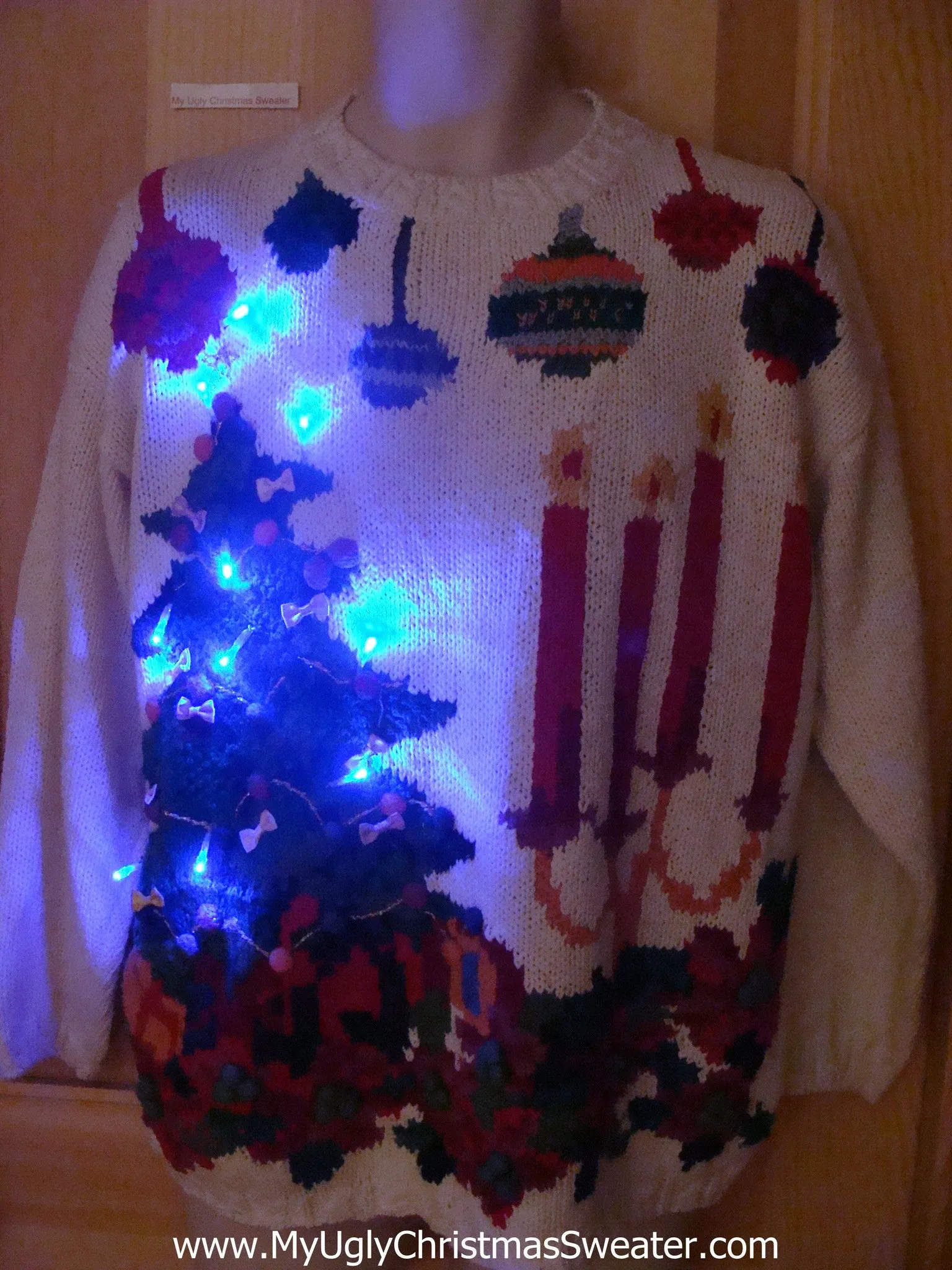 Tacky Light Up Christmas Sweater 80s Tree, Candles, Ornaments