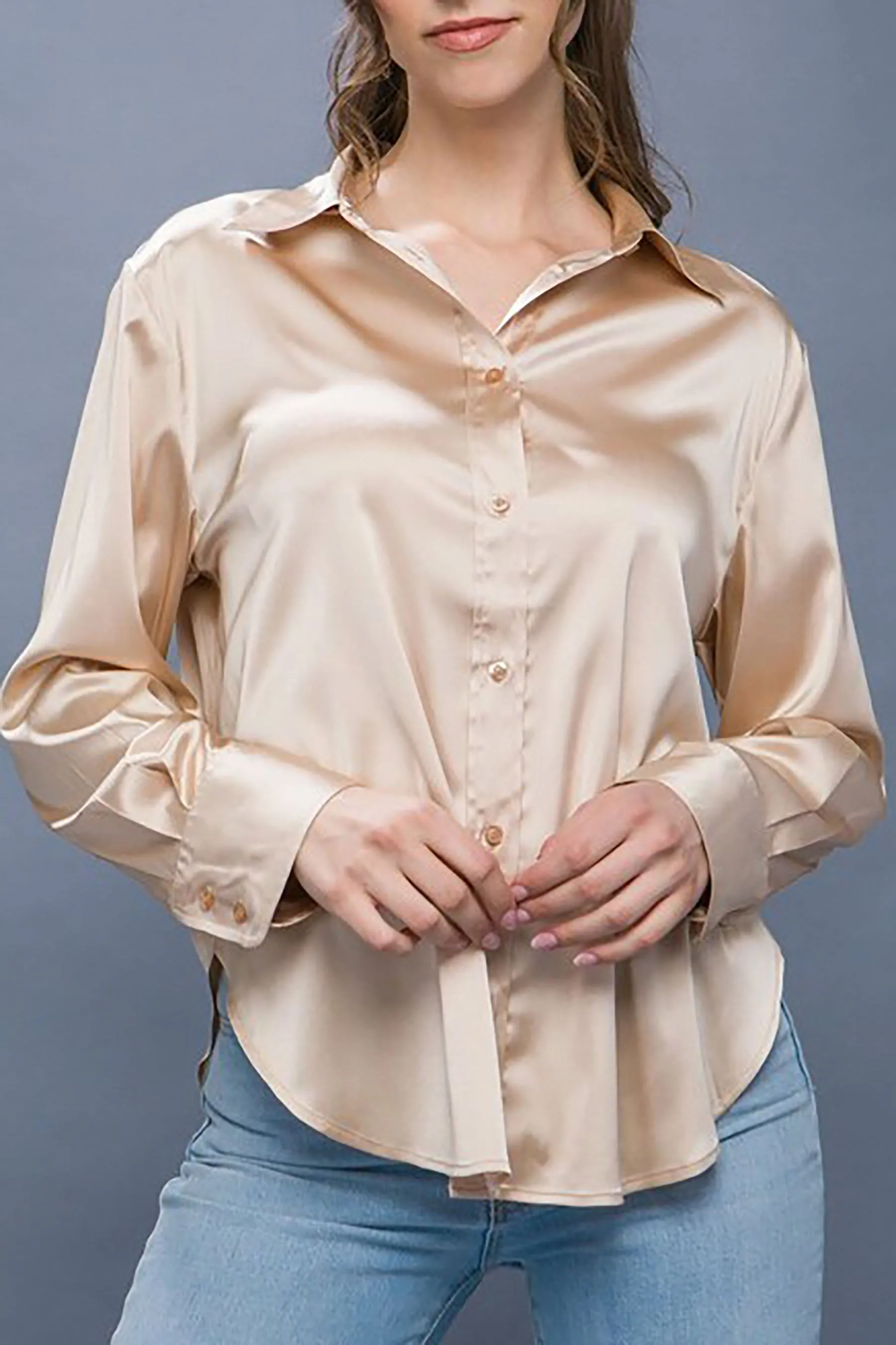 Women's  Casual Long Sleeve Button Down Satin Shirts