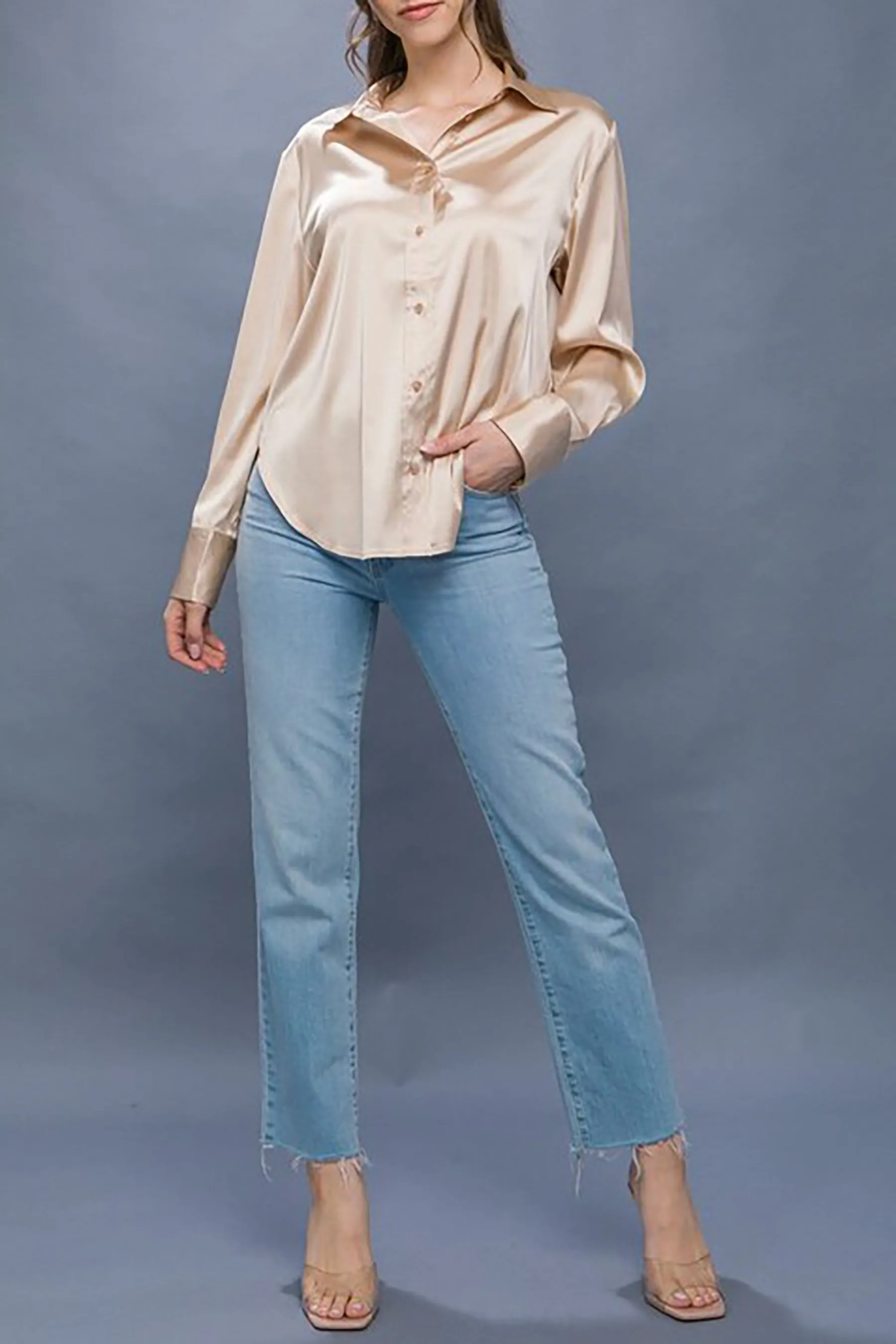 Women's  Casual Long Sleeve Button Down Satin Shirts