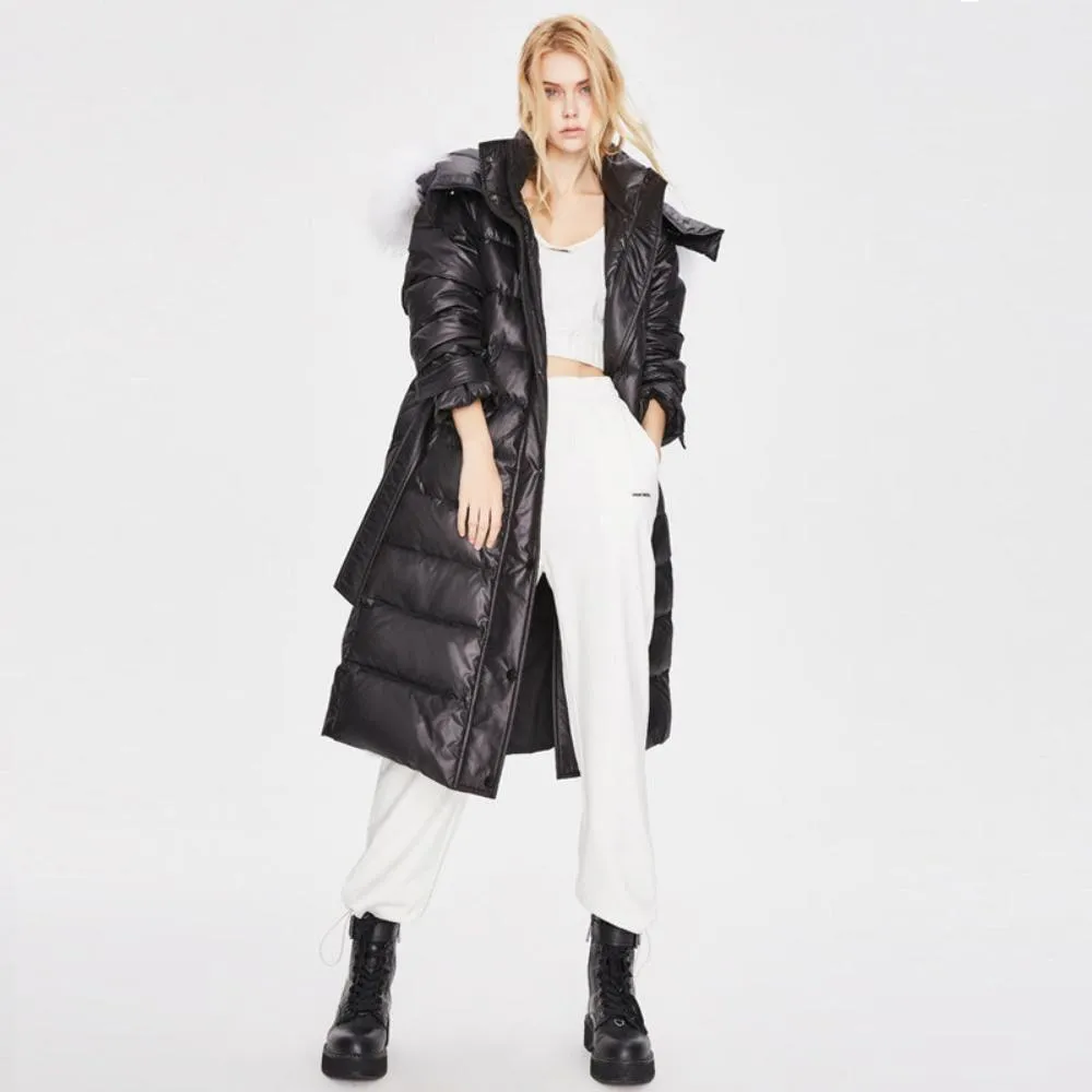 Womens Faux-Fur Hood Long Puffer Coat 900 Fill Down Jacket Black